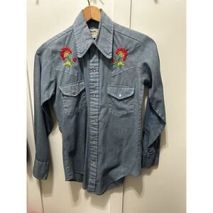 Vtg Monzini by Monticello Shirt Small 14S14.5 ‎ 70s Embroidery Pearl Snap Floral